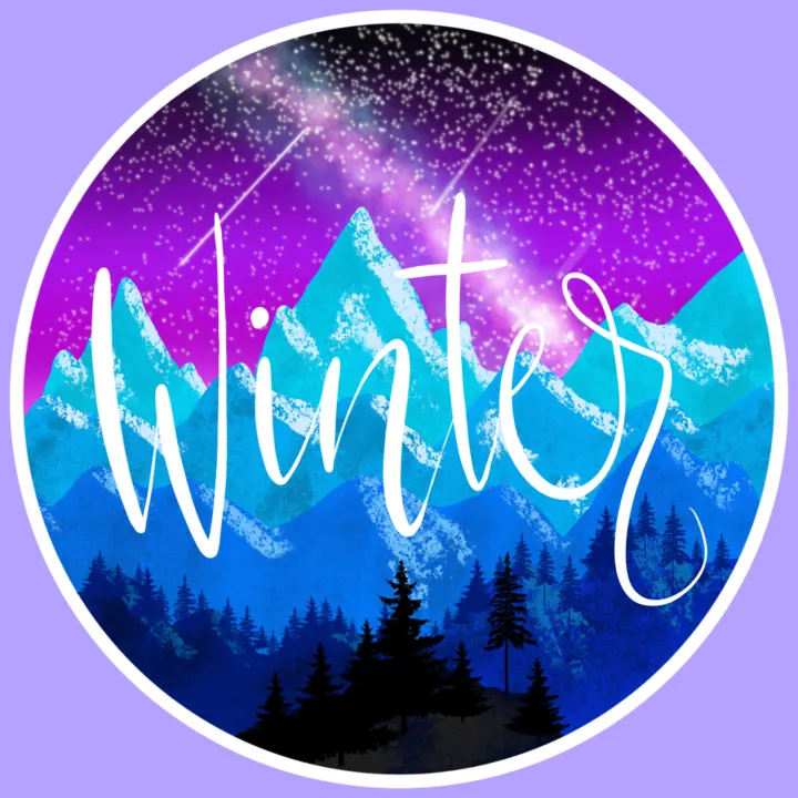 Winter lettered over icy blue mountains under a purple sky, in a circle badge