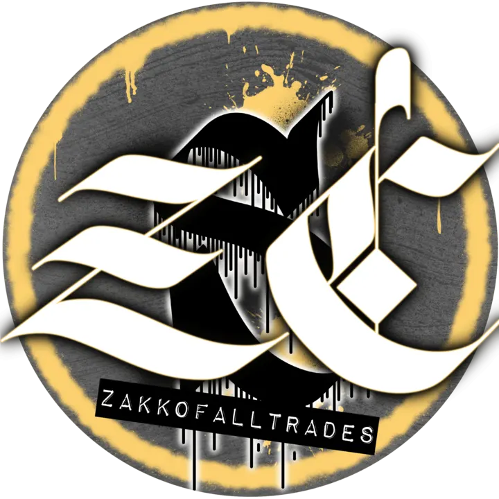 The ZC monogram in white blackletter with drips over a gold ring, with ZAKKOFALLTRADES on a label
