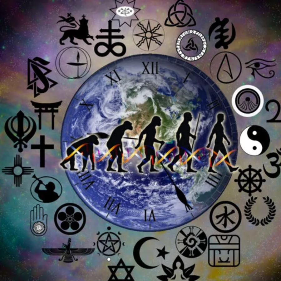 Evolution: the march of human evolution over the Earth, circled by religious symbols