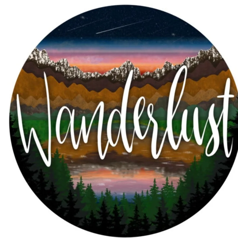 Wanderlust: hand lettering over a mountain lake at dusk, in a circle